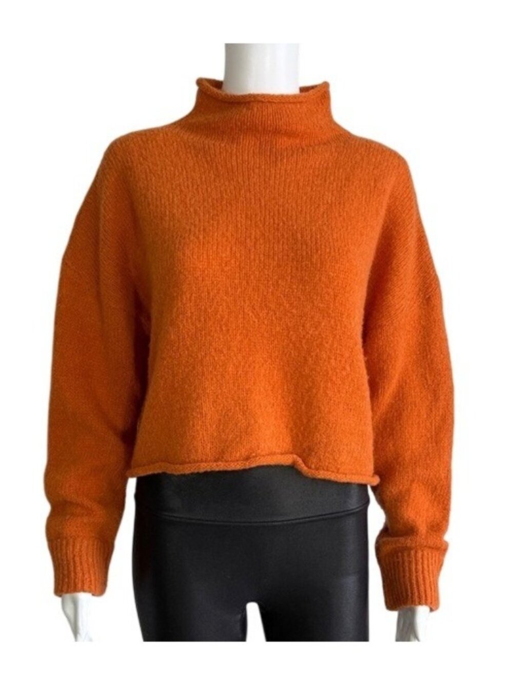 Nation LTD Galen Alpaca Blend Cropped Turtleneck Sweater Tangerine Orange Small